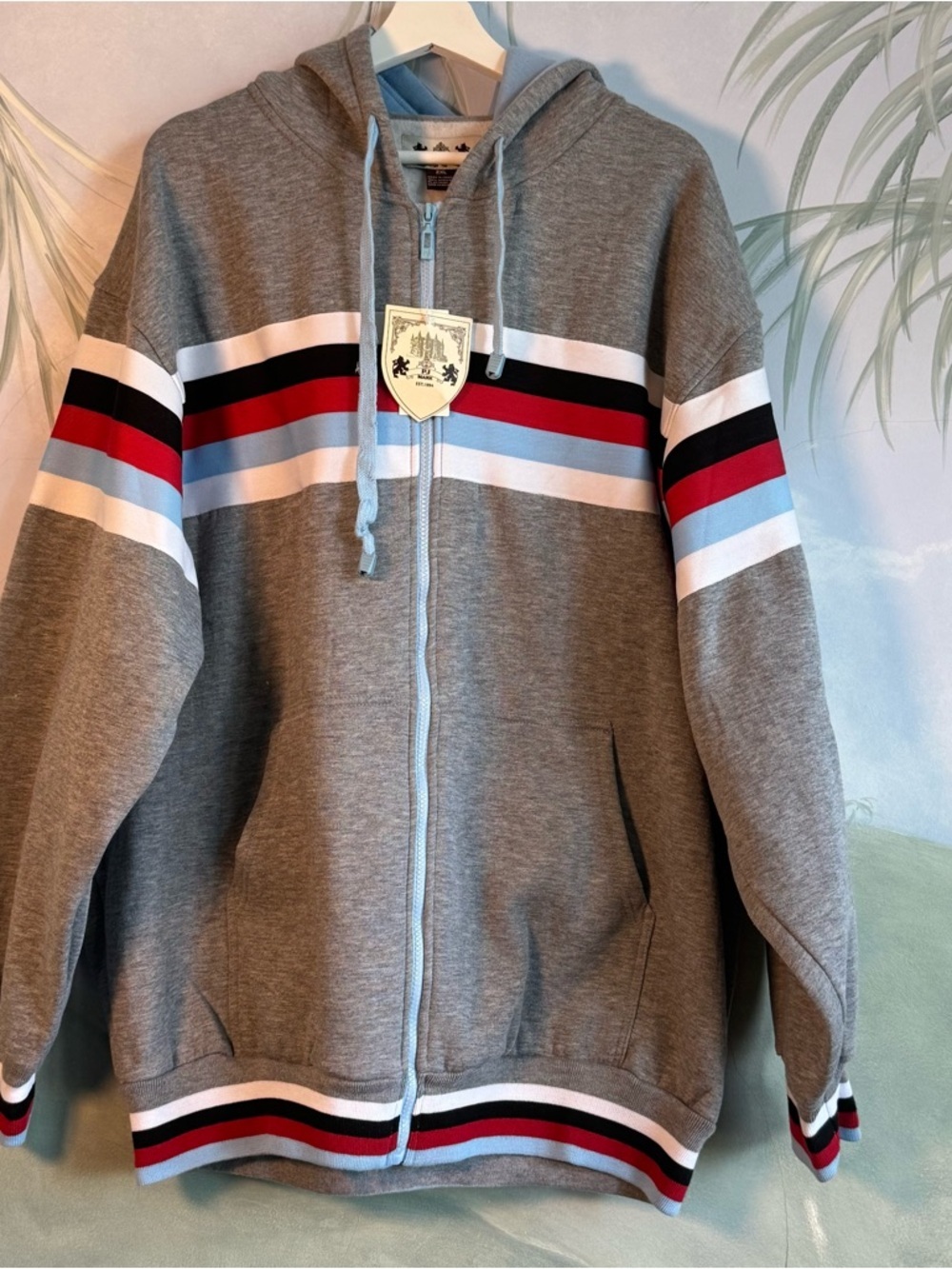 PJ Mark Grey Zip-Up Hoodie with Red, Black & Sky Blue Stripes, size 2XL, NWT